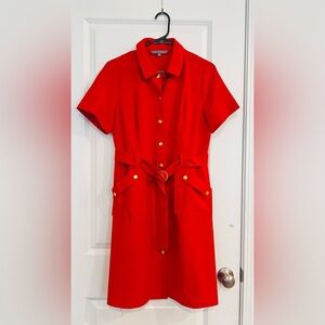 Stylish Red Button Down Dress Shirt with Gold Accents and a belt